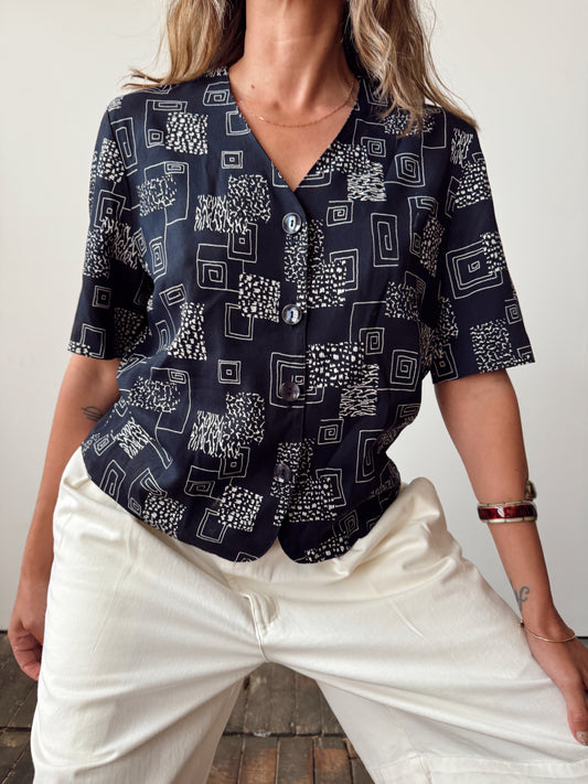 Navy 90s Geometric Pattern Blouse (S)