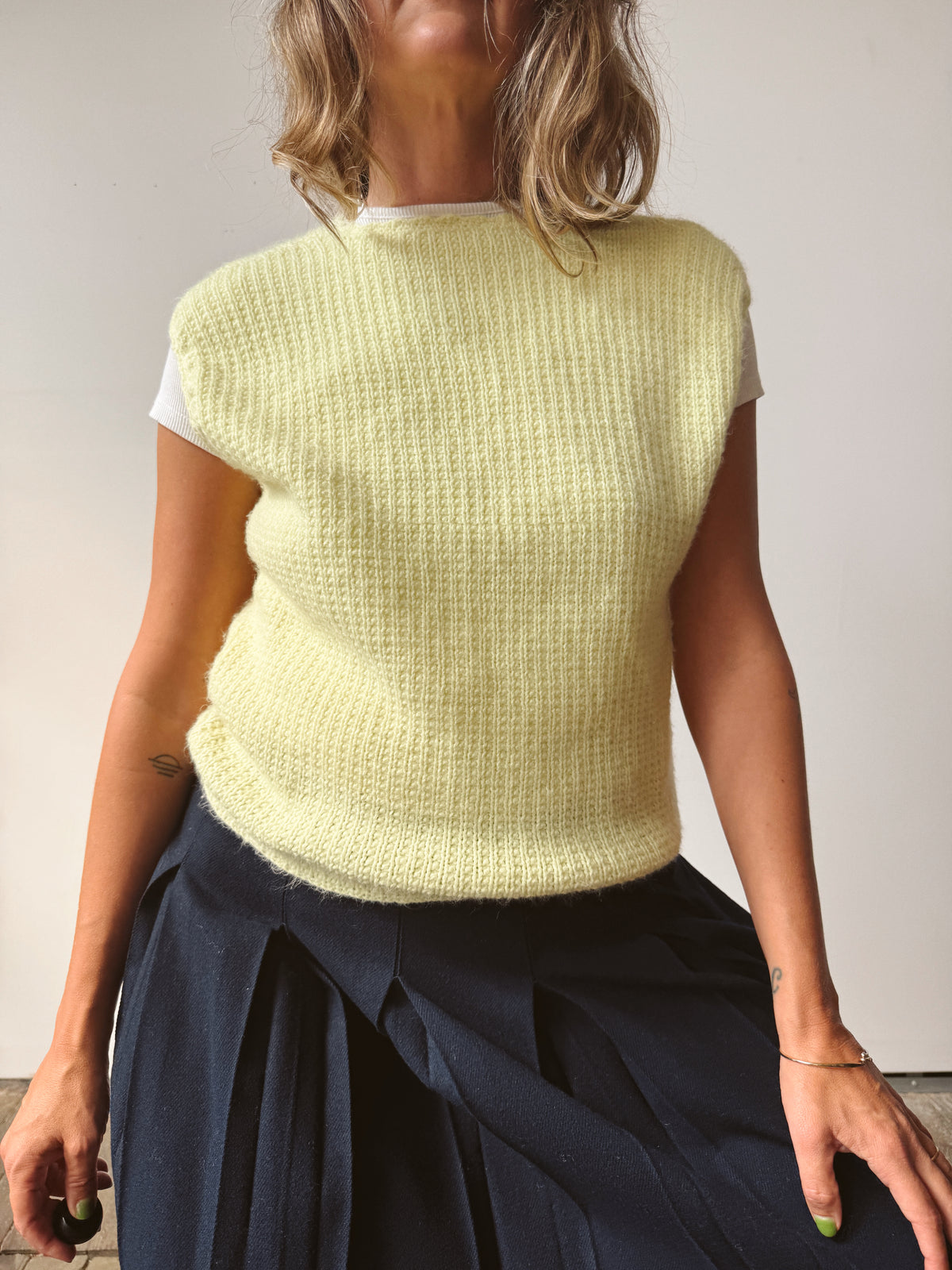 Hand-knitted Soft Yellow 80s Vest (S)