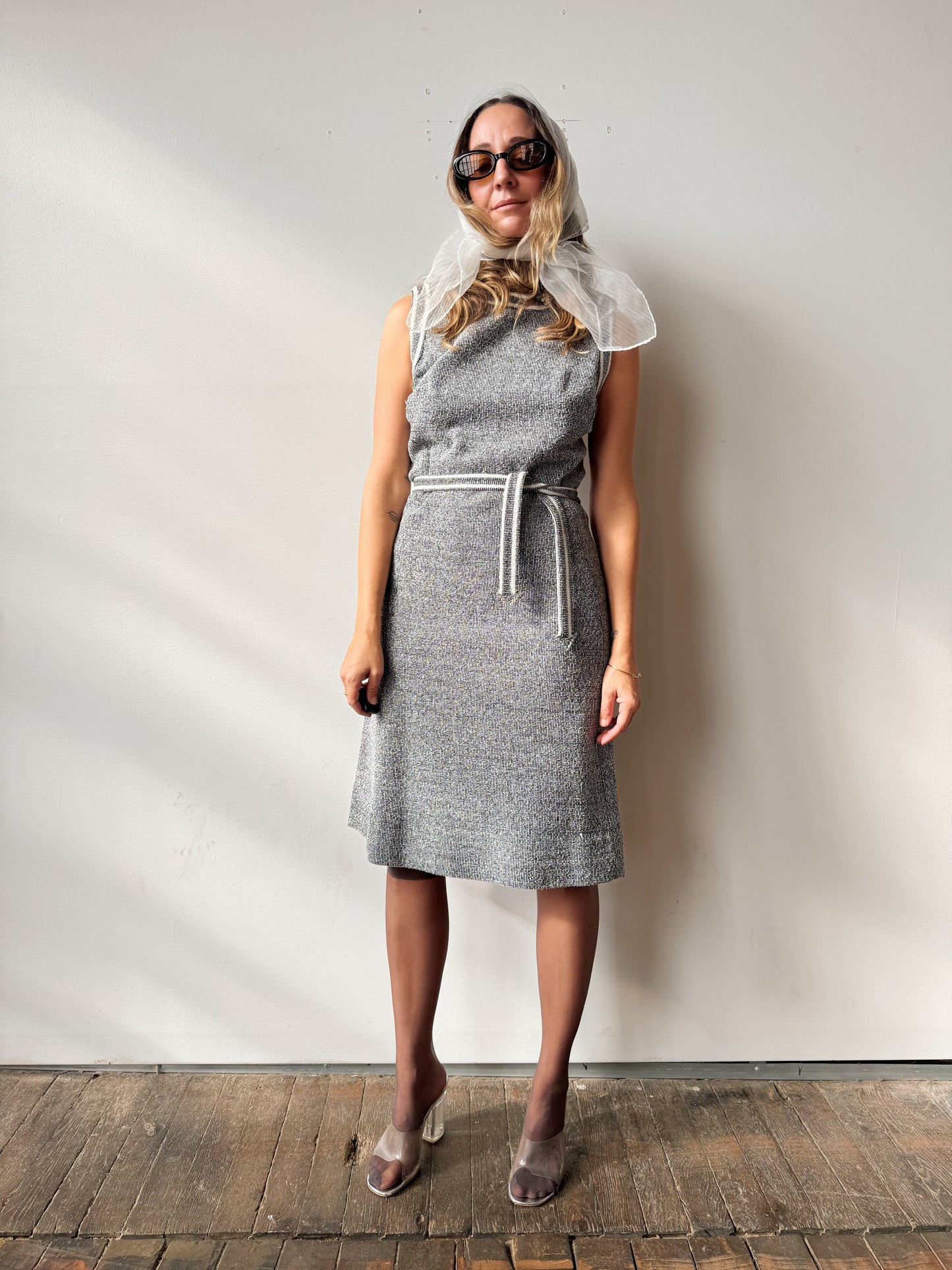 Vintage 70s PLW Silver Metallic Dress with Rhinestone Details (M)
