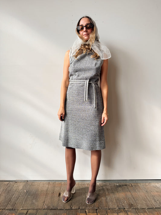 Vintage 70s PLW Silver Metallic Dress with Rhinestone Details (M)