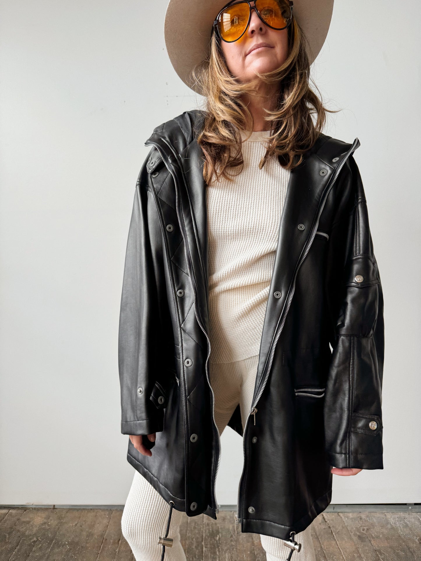 Faux Leather Zip Pocket Coat (L)