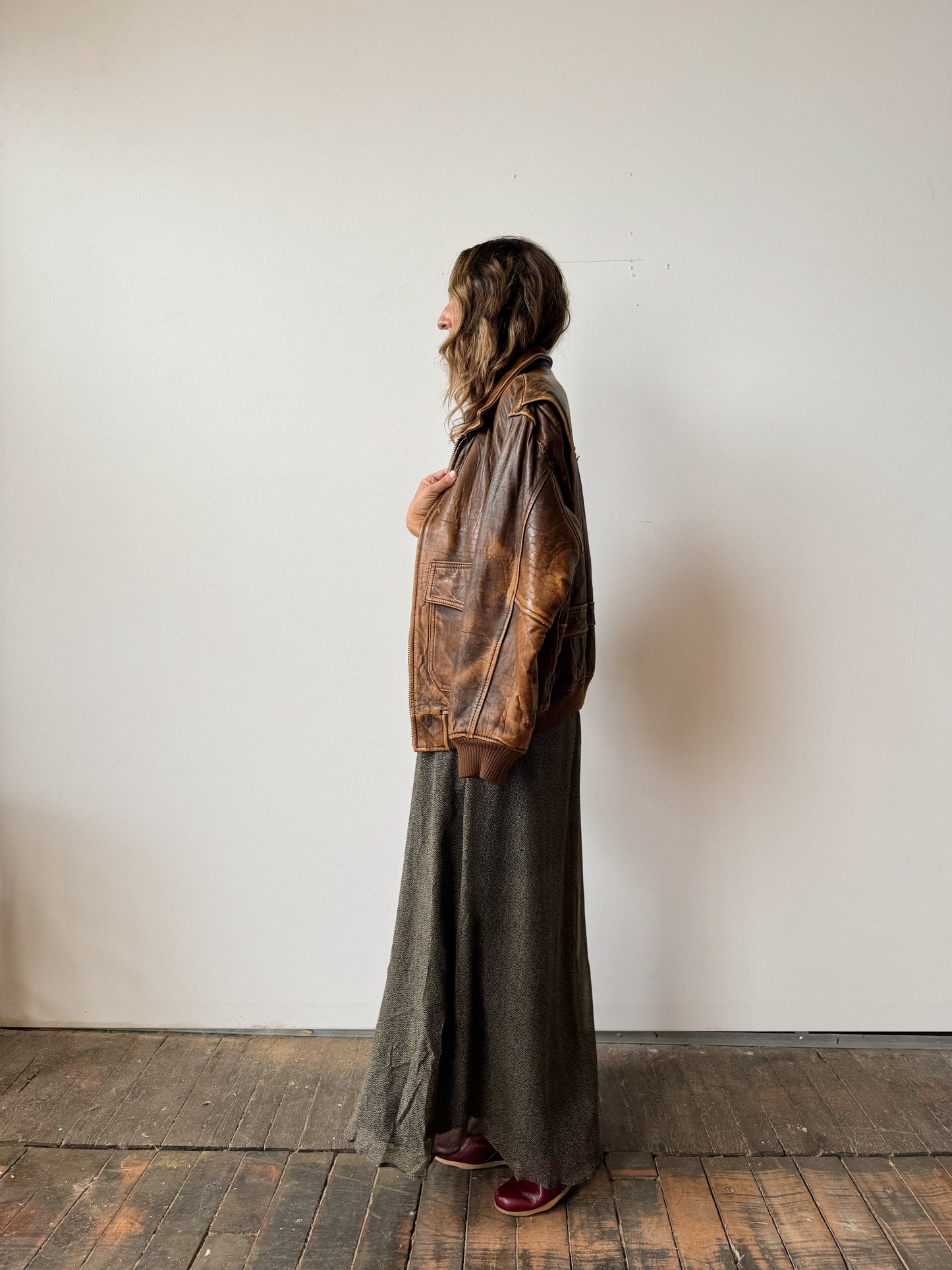 Oversize Distressed Brown Leather Flight Jacket (M)