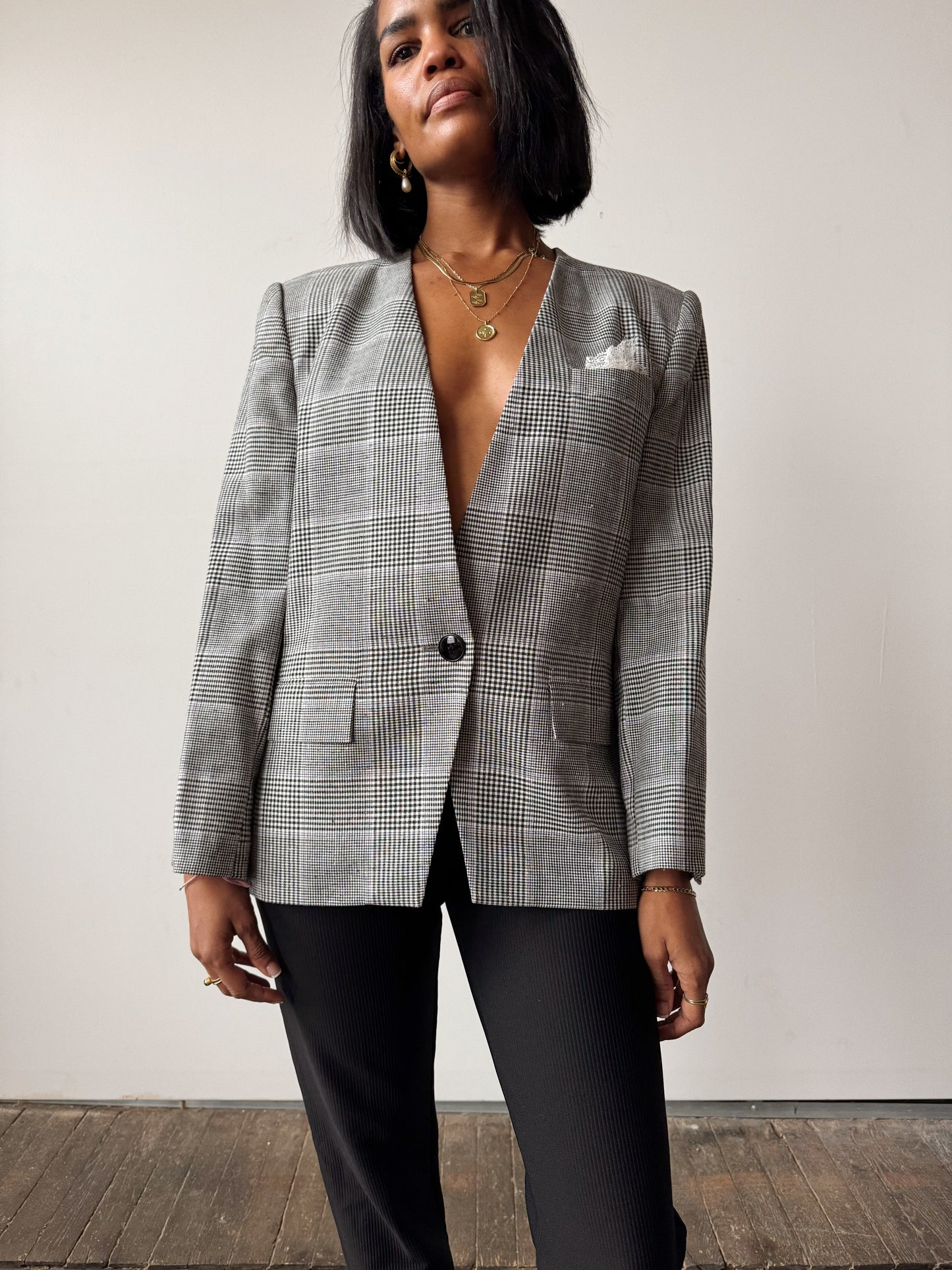 V-Neck One-Button Houndstooth Blazer (M)