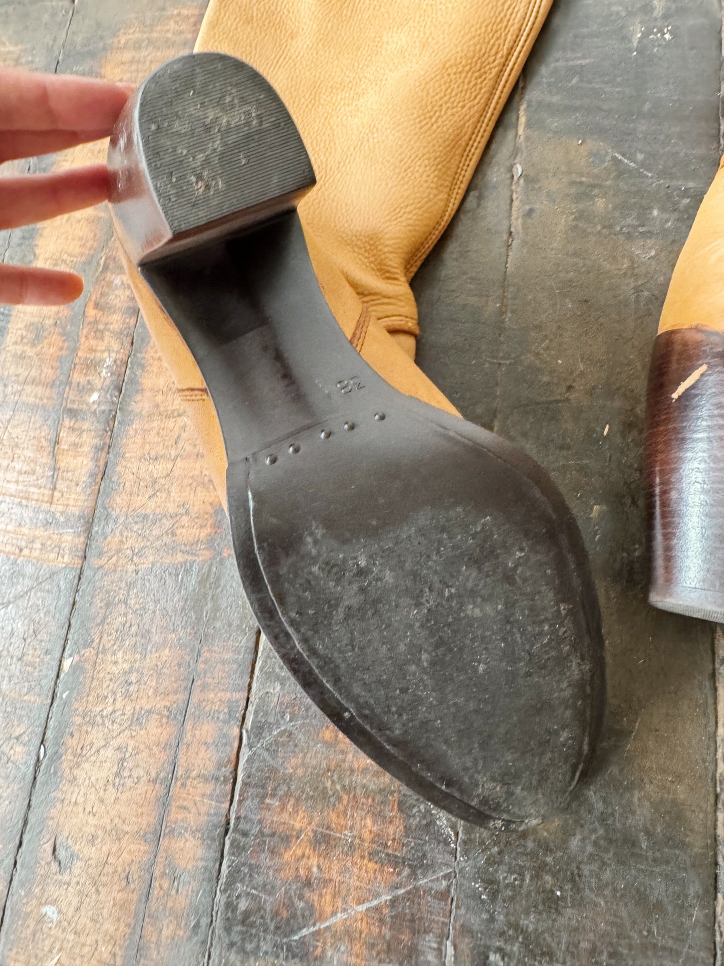 Leather Camel Stacked Heel Knee Boots (38)