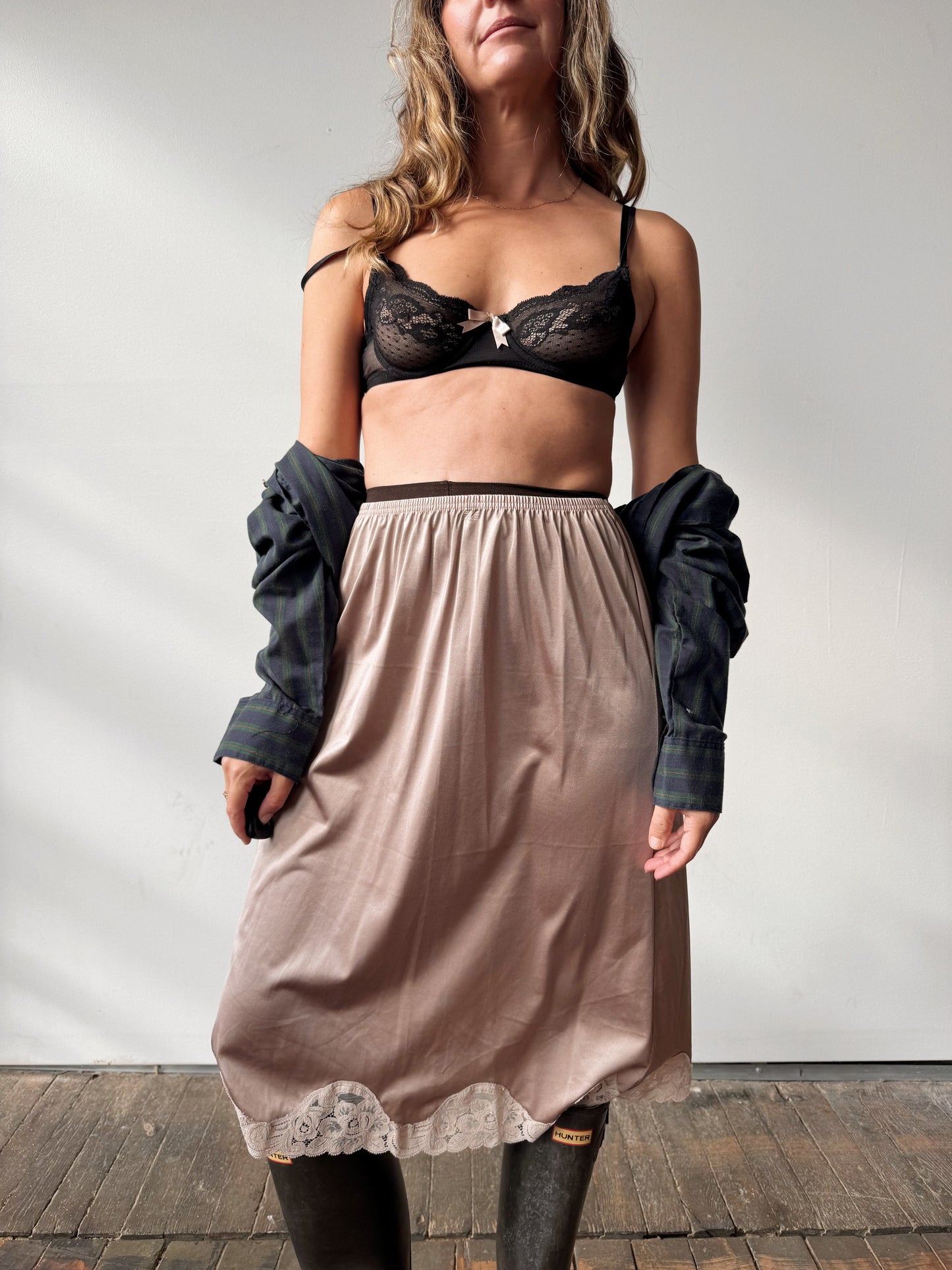 Taupe Vanity Fair Lace and Nylon Slip Skirt (28")