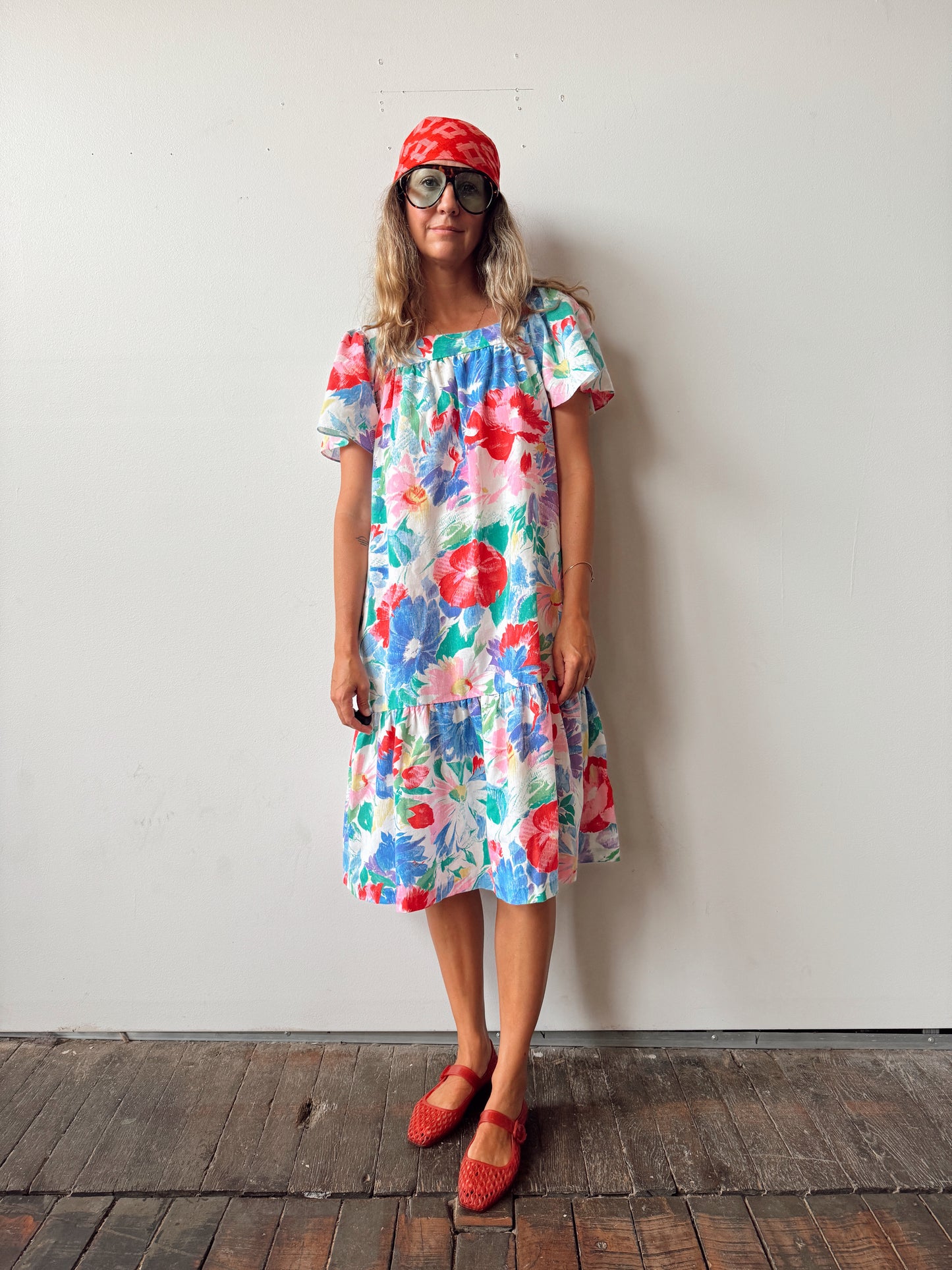 Hibiscus Washed Vintage Mumu Cotton Dress (M)