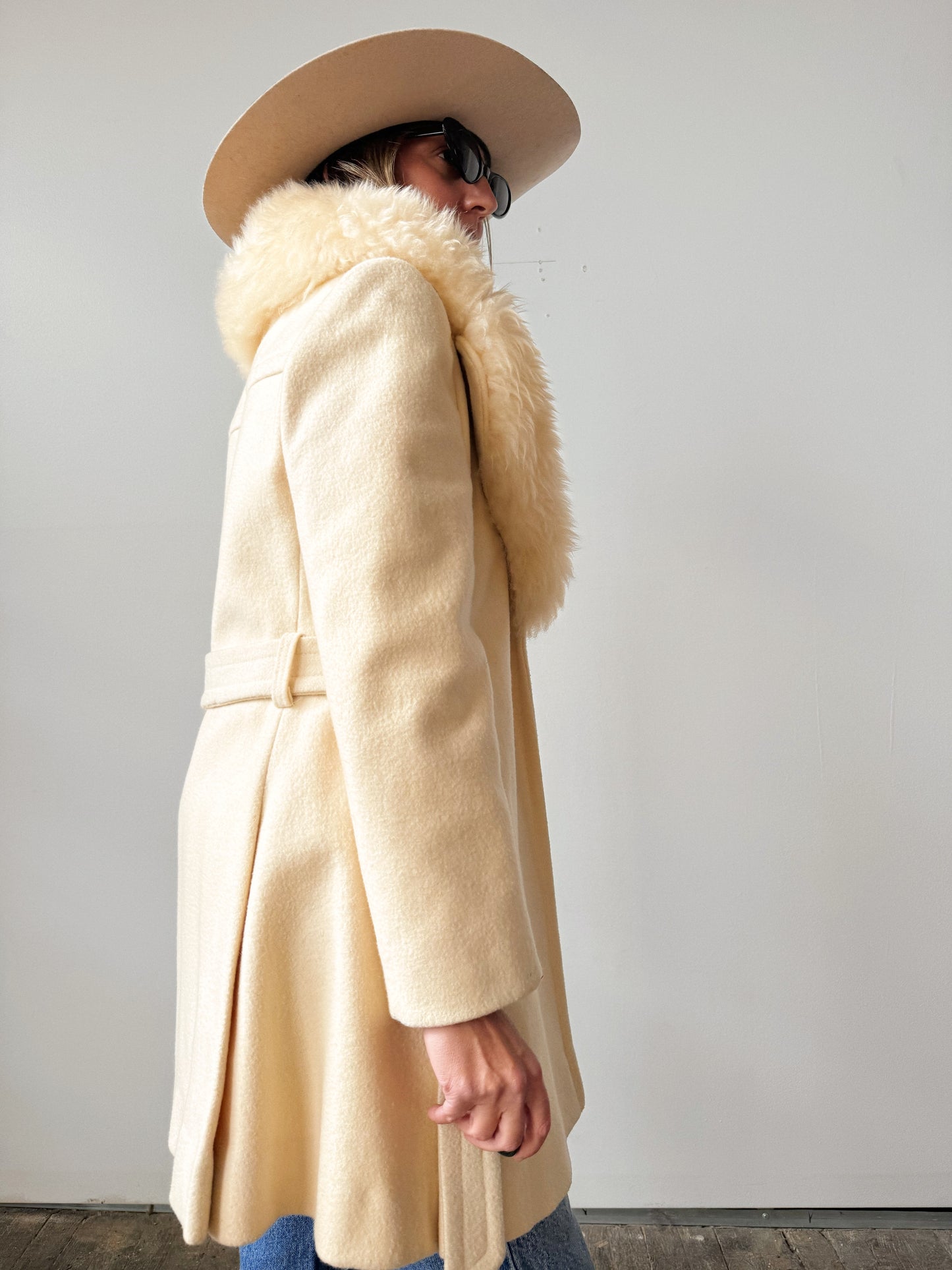 Cream Belted 70s Faux Fur Wool Jacket