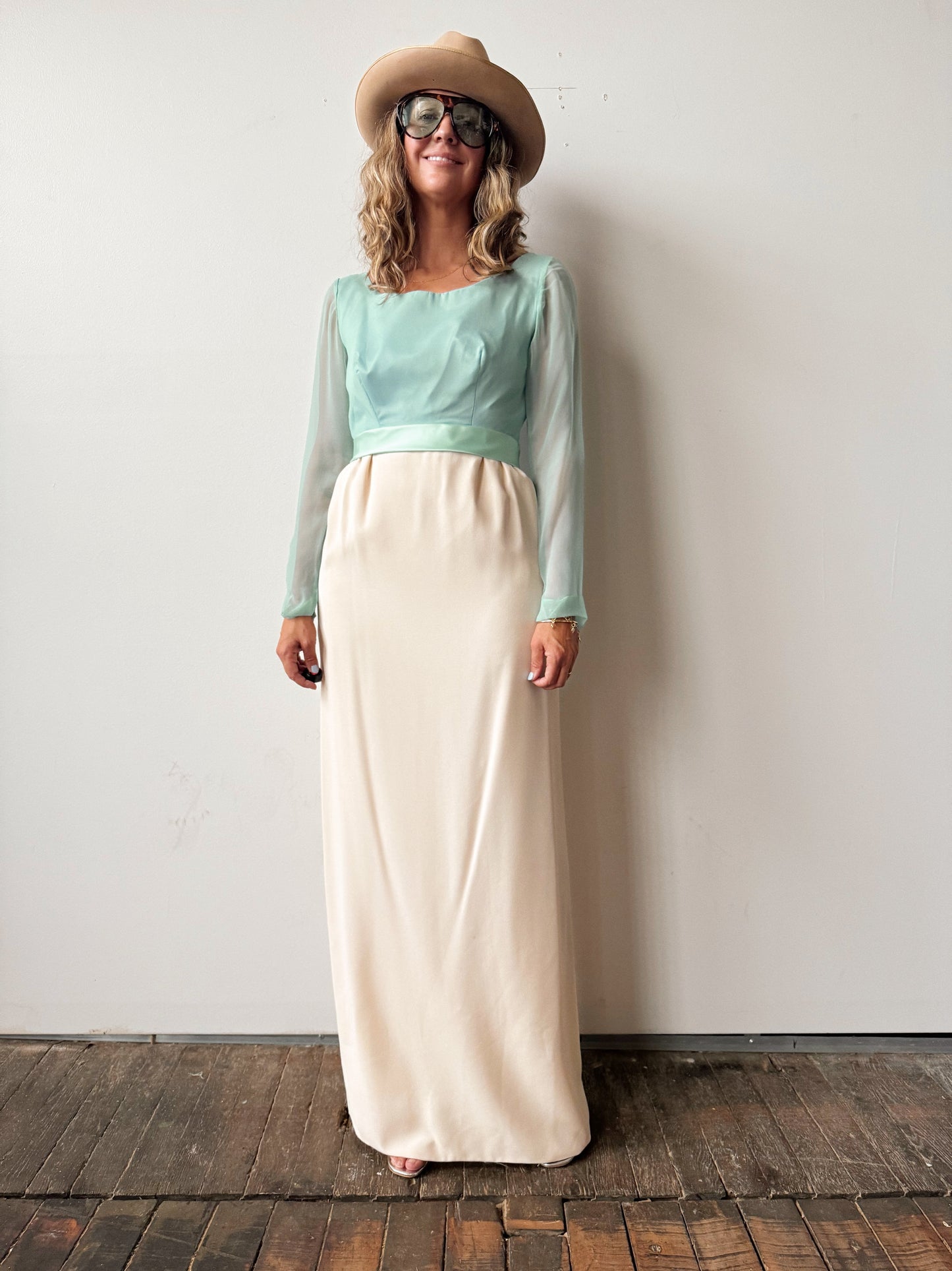 Chiffon 60s Seafoam and Cream Formal Dress (M)