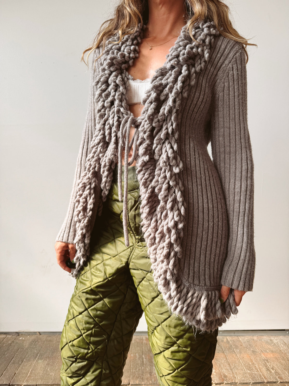 Fringe Y2K Ribbed Knit Cardigan Tie Sweater (L)