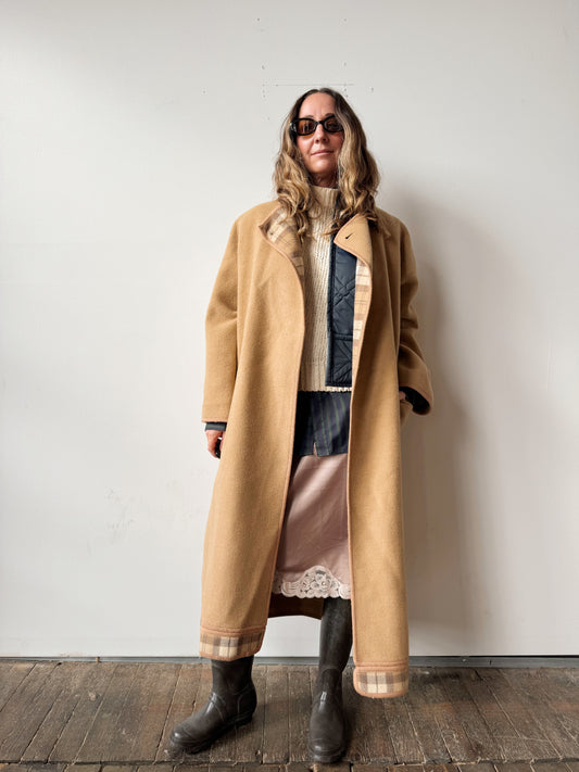 Camel Reversiable Plaid Wool 90s Coat (M)