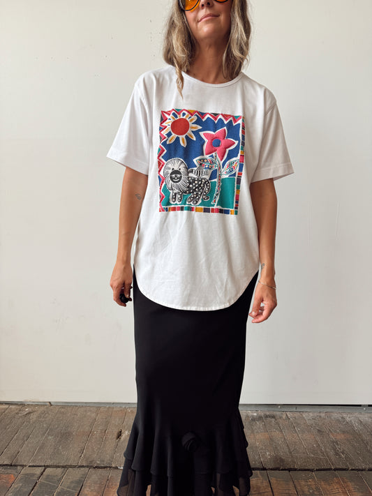 Sun and Flower Textured High-Slit 90s T-Shirt (M)