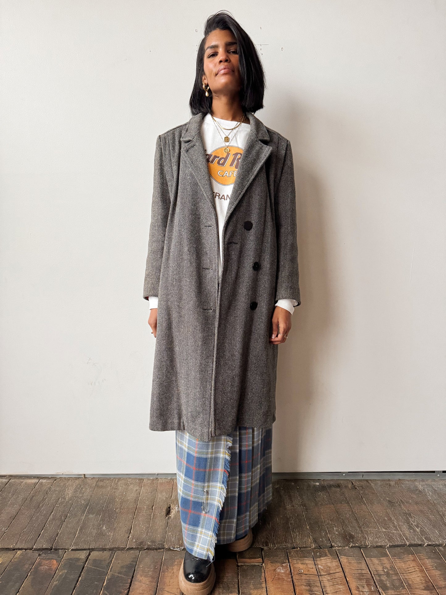 Herringbone Wool Coat with Red Sateen Lining (M)