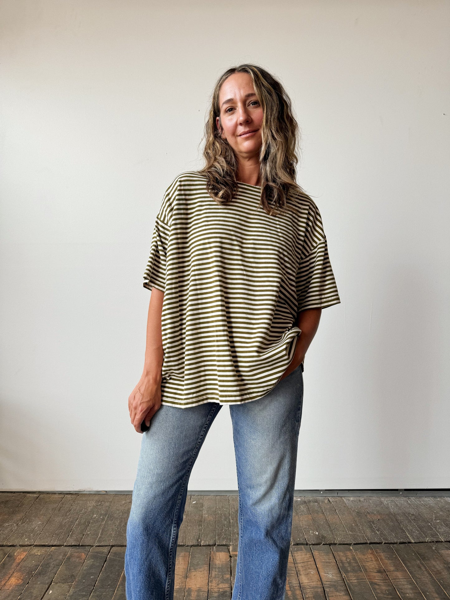 Khaki Stripe Box Tee with Button Sleeve