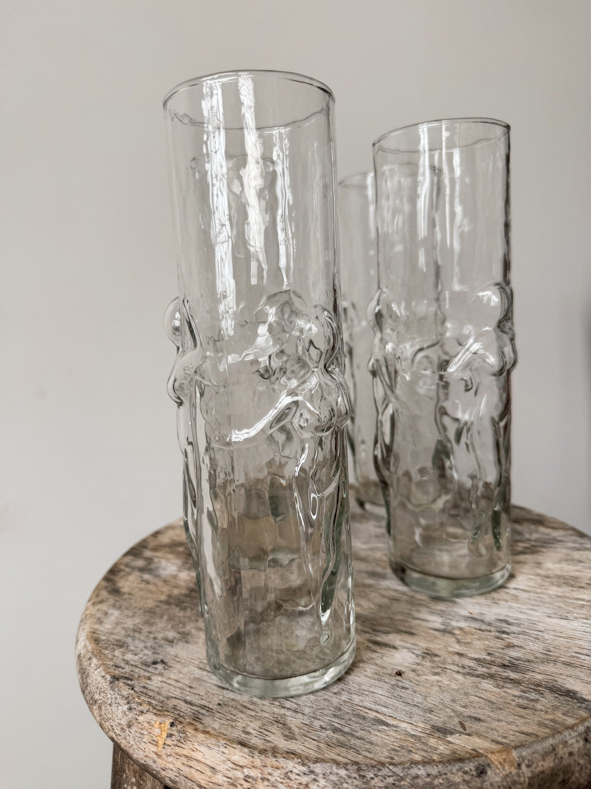 60s Libbey Glass La Femme 3D Dancing Nude Women 9" Highball Cocktail Tumbler, Set of 4