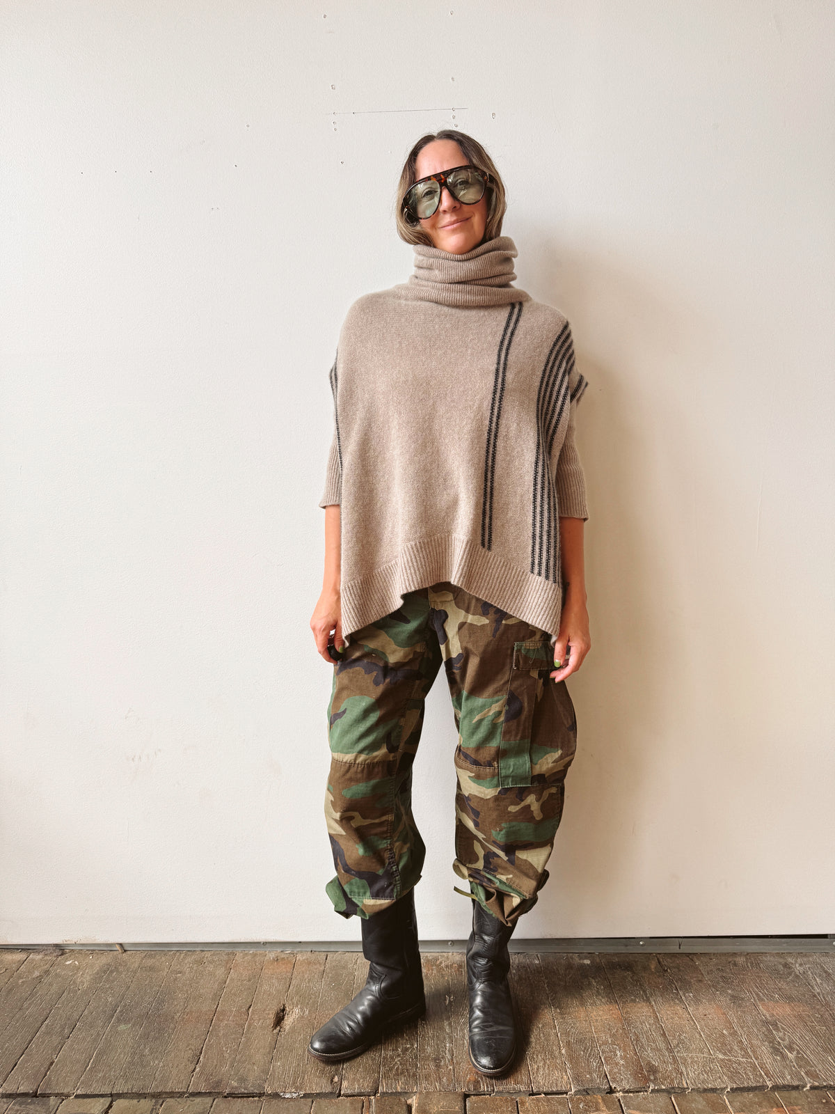 Cashmere Striped and Tan Turtleneck Sweater (M)