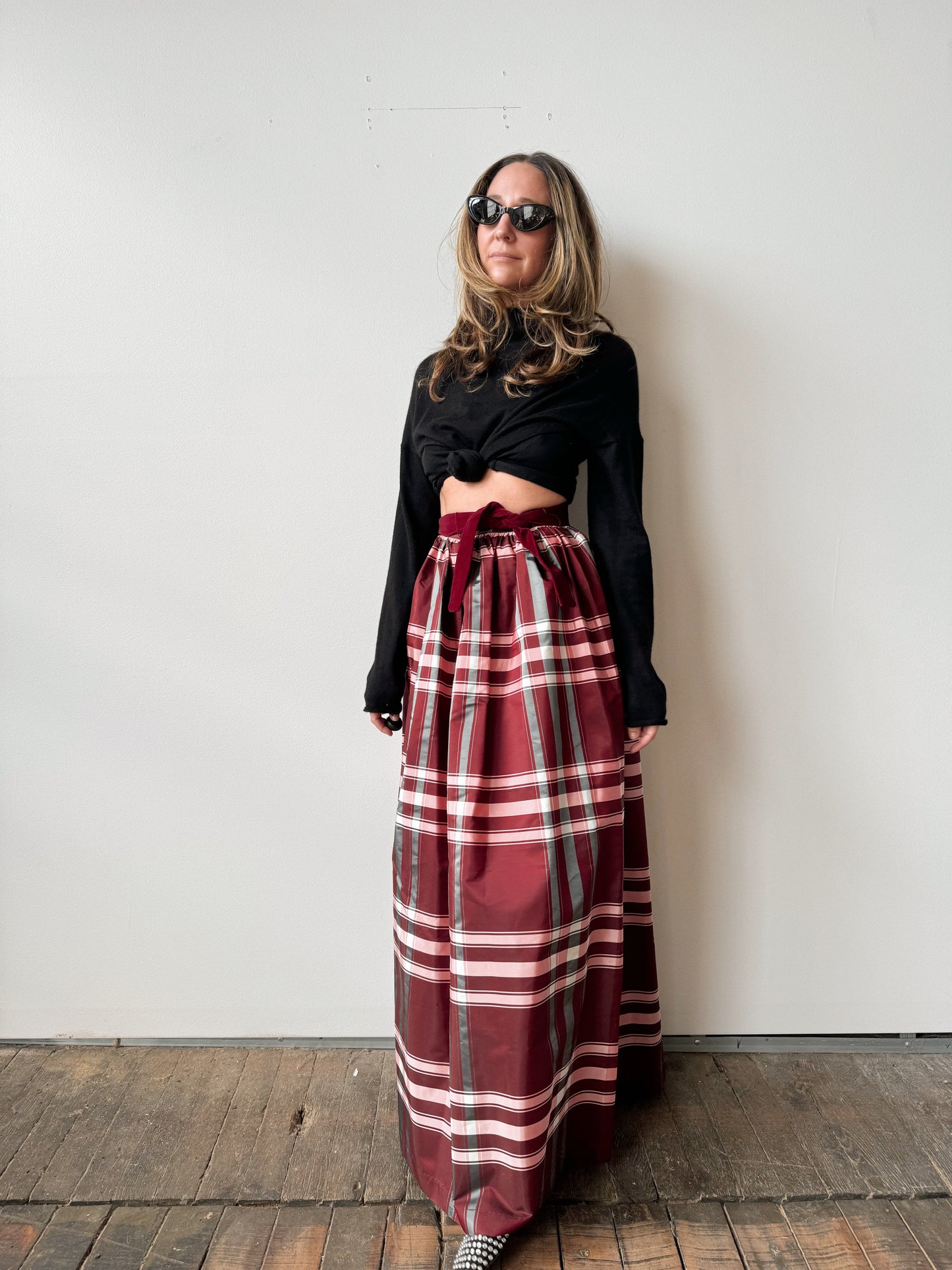 Bordeaux Taffeta 60s Maxi Skirt with Ribbon Tie (S)