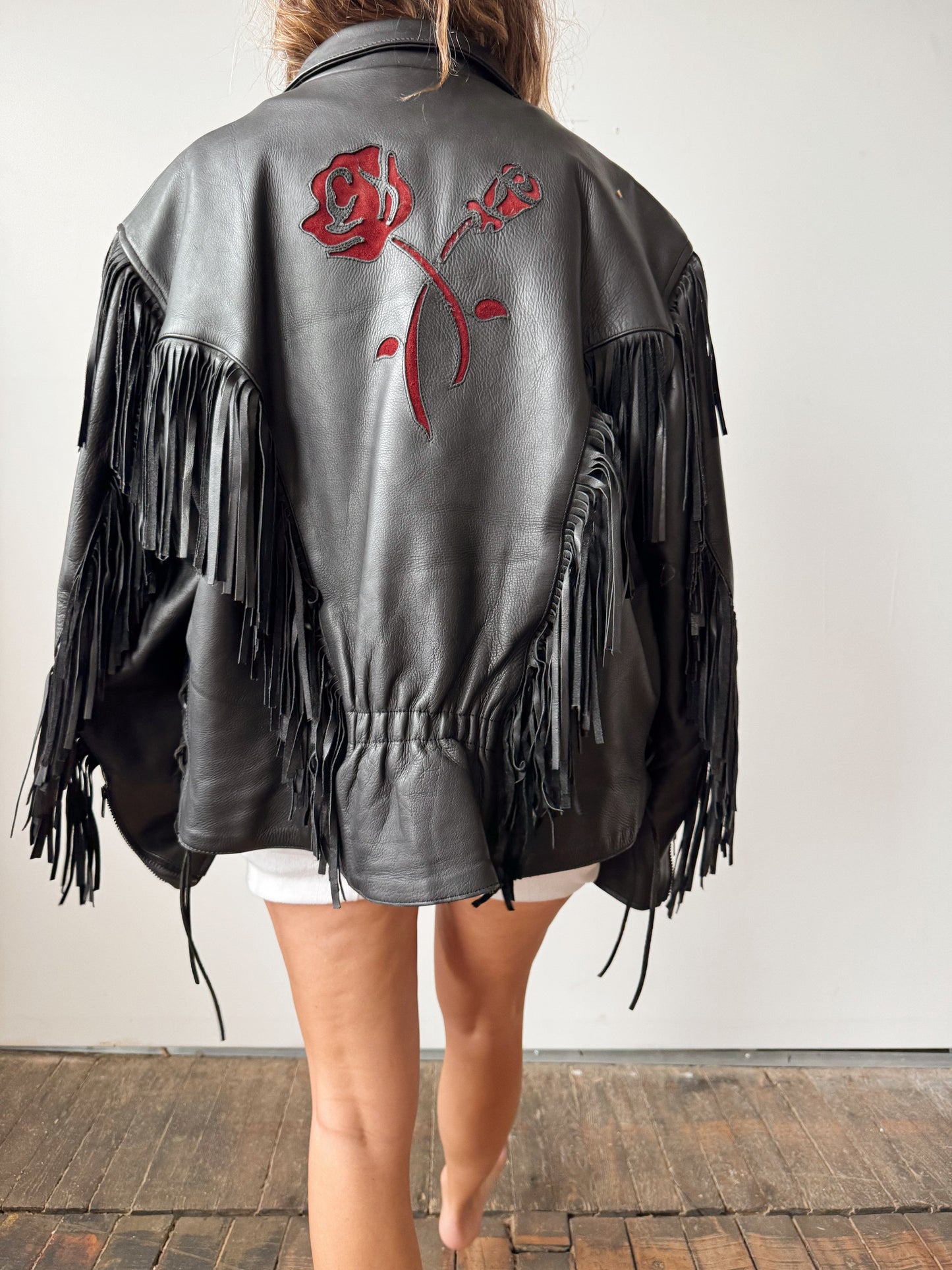 Leather Fringe Motocycle Jacket with Rose Cut-out Details (XL)
