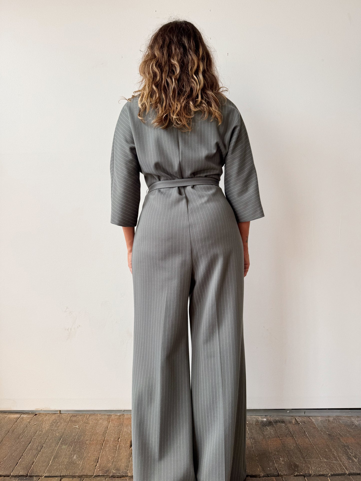 Grey Pinstripe 70s Jumpsuit with Bell Bottoms (M)