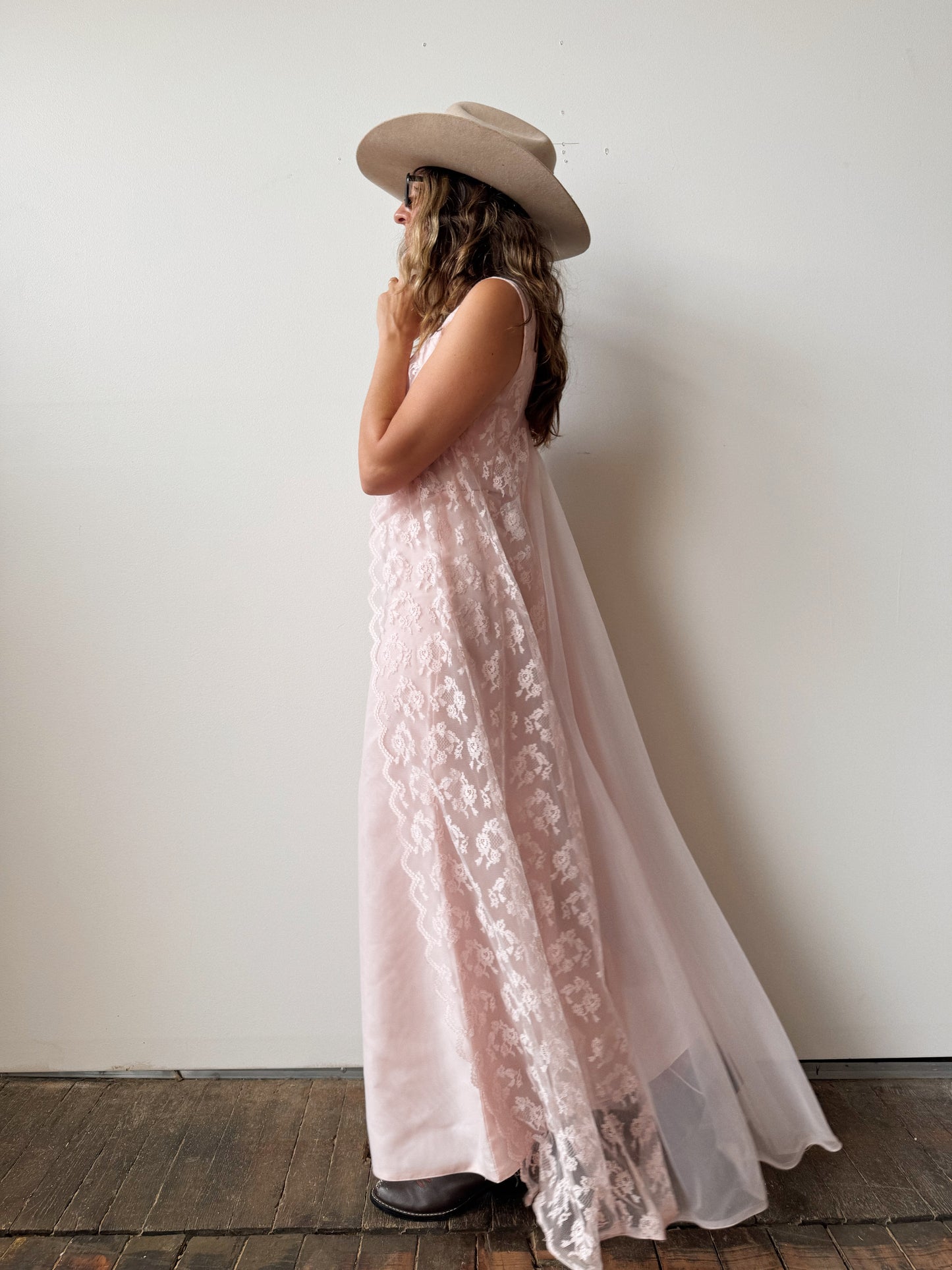 60s Baby Pink Lace Chiffon Empire Dress (XS)