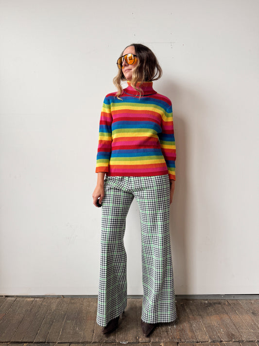 70s Polyester Plaid Houndstooth Bell Bottom Trouser Pant (25")