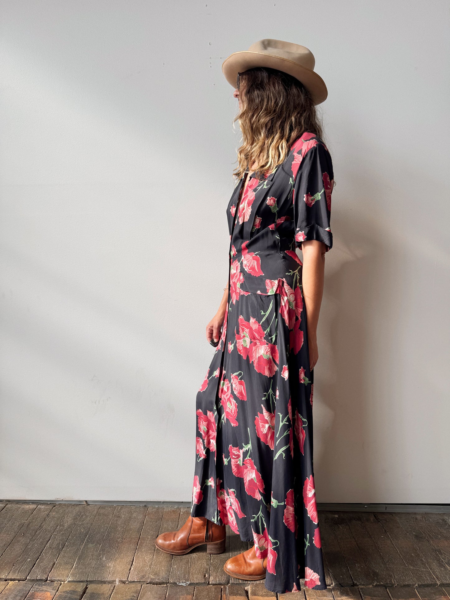 Saybury Vintage 1940's Poppy Flower Print Rayon Dress (S)