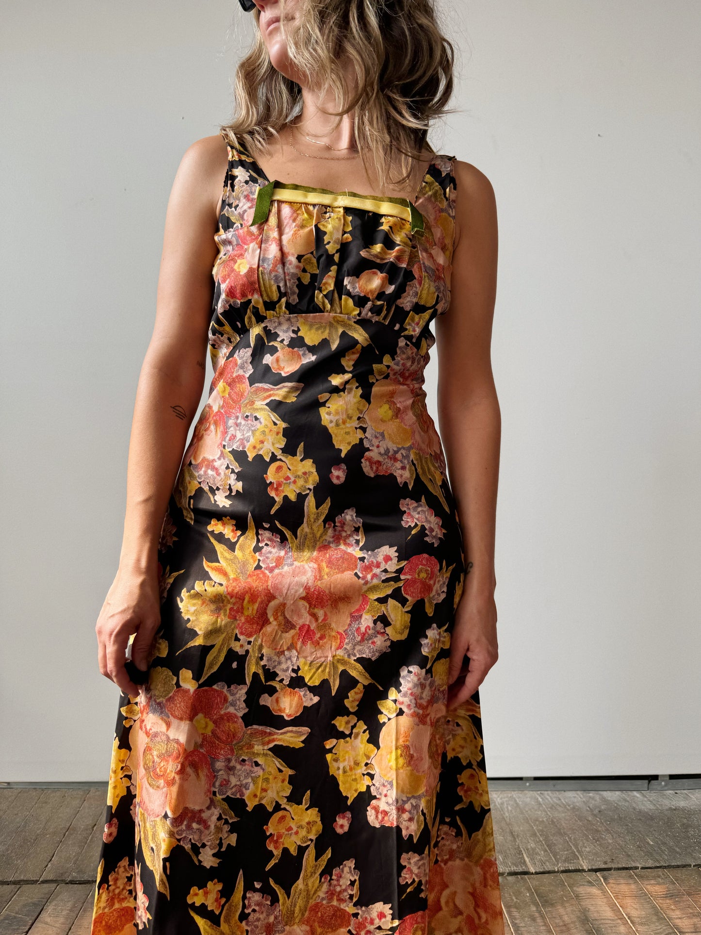 30s Silk Acetate Floral Dress with Velvet Ribbon (S)