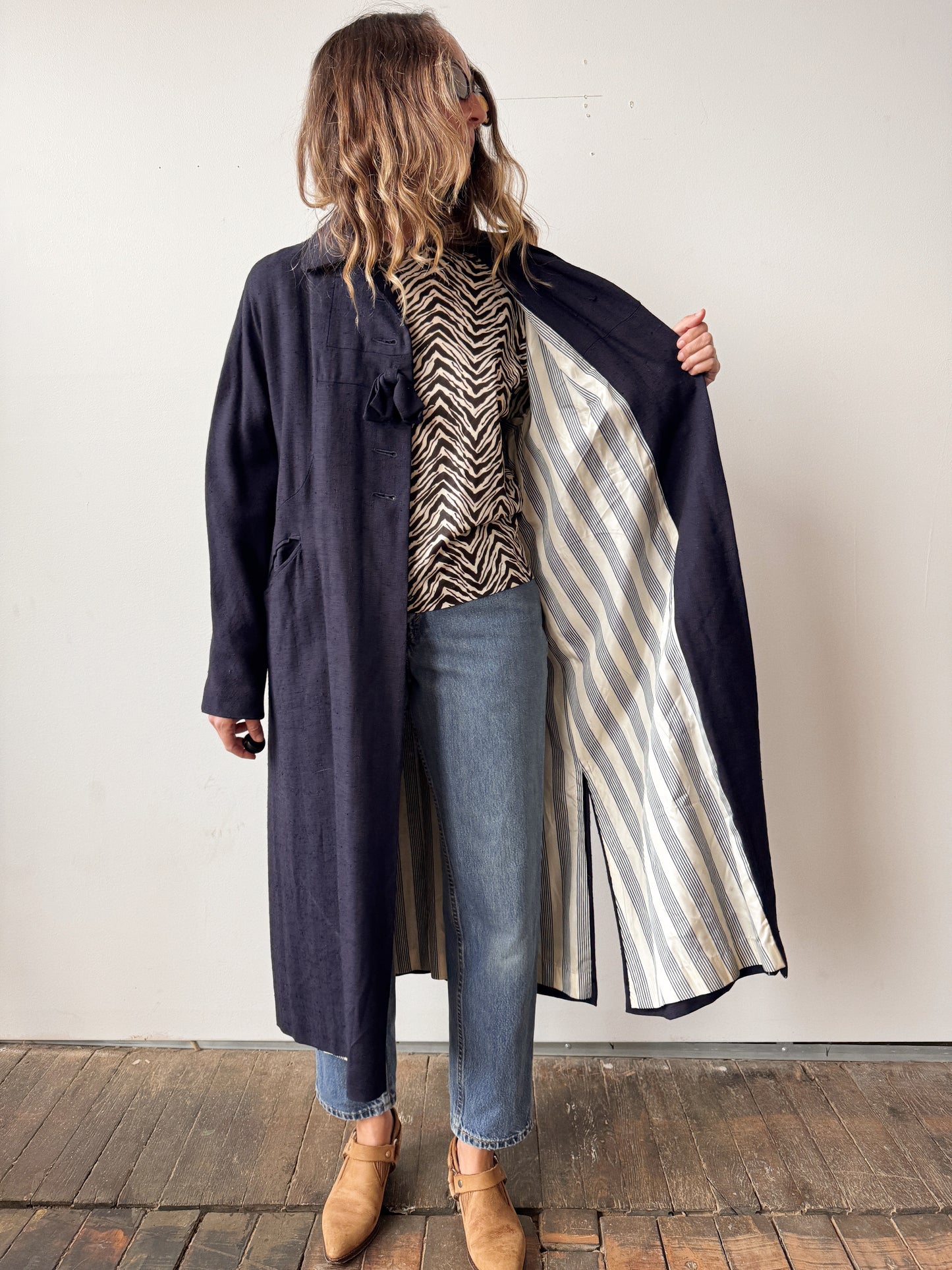 Navy 60s Wool Blend Overcoat with Stripe Lining (M)
