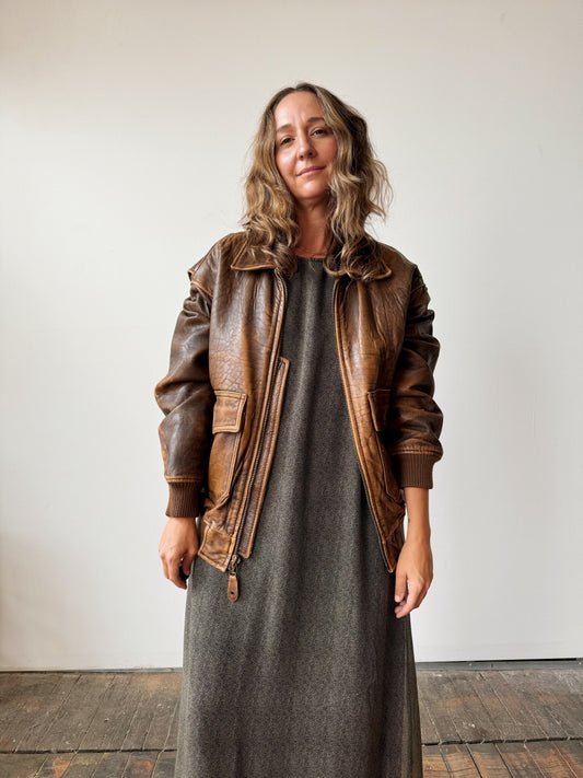 Oversize Distressed Brown Leather Flight Jacket (M)