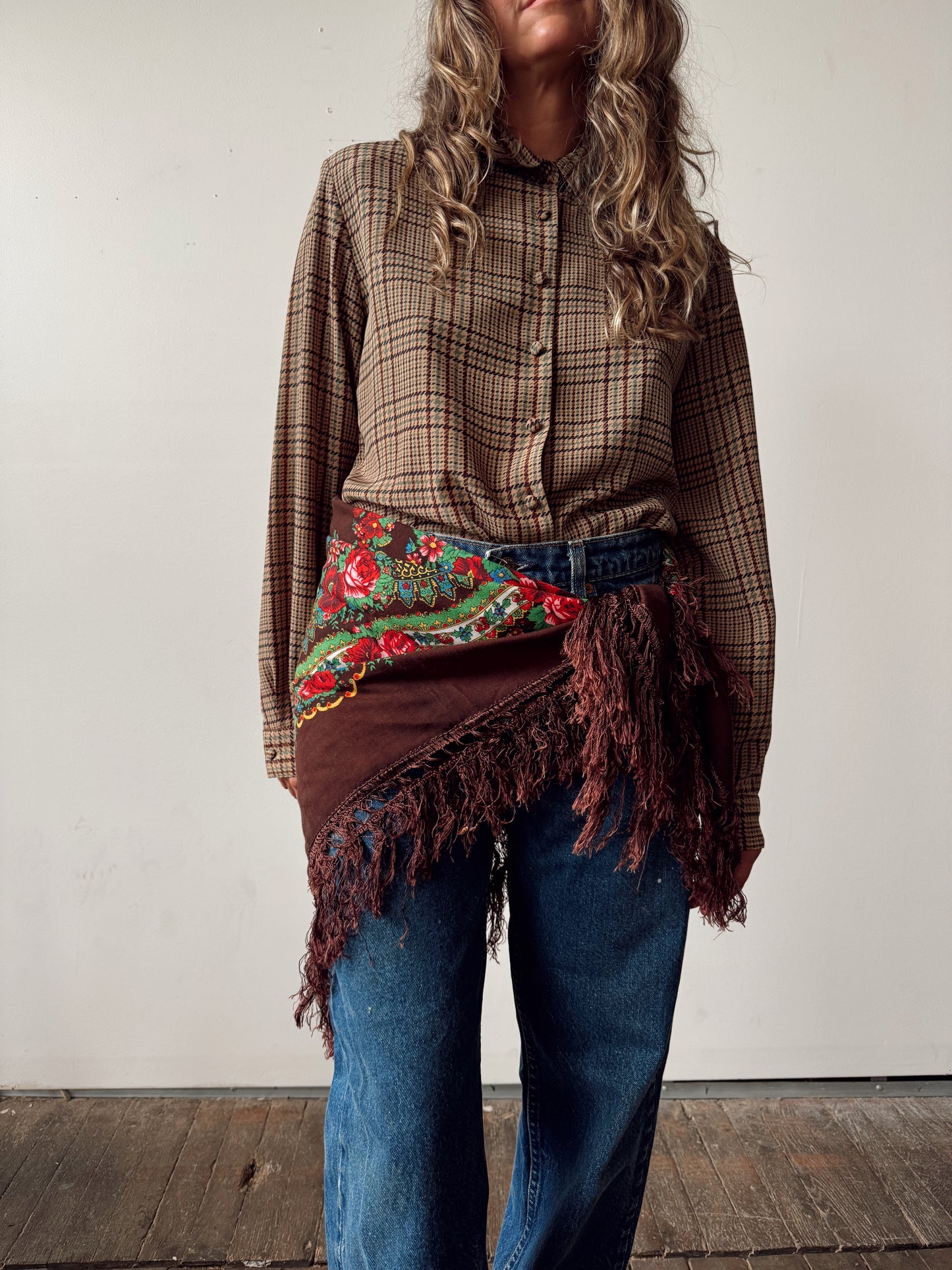 Brown Floral Oversize Fringe Scarf (35x35")
