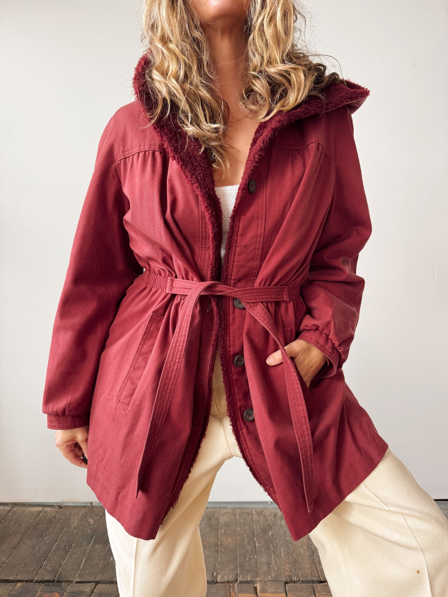 Burgandy Bonders Hooded Faux Fur-lined Coat (M)