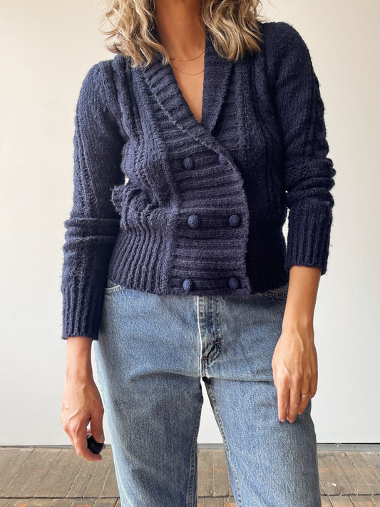 Navy Double-Breasted Knit Sweater
