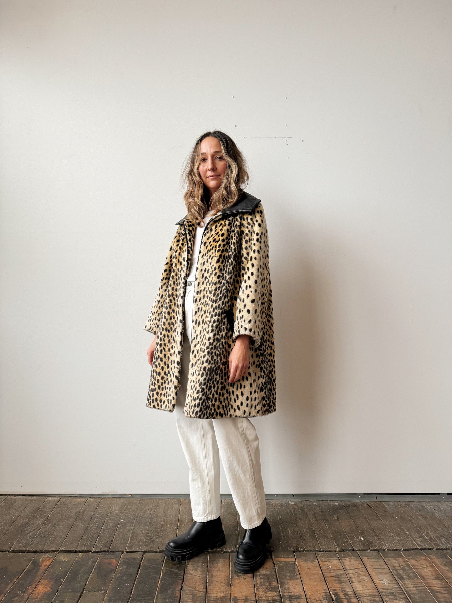 60s Safari Leopard Coat and Leather Swing Coat (M)