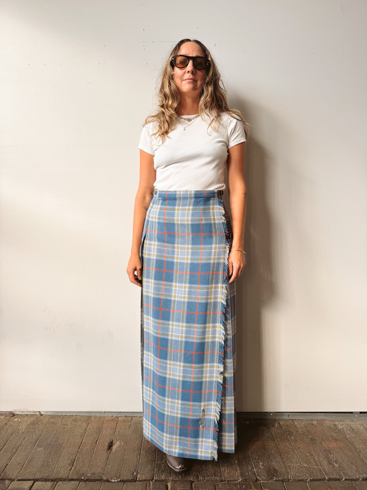Wool Plaid Wrap Pleat Skirt with Leather Straps