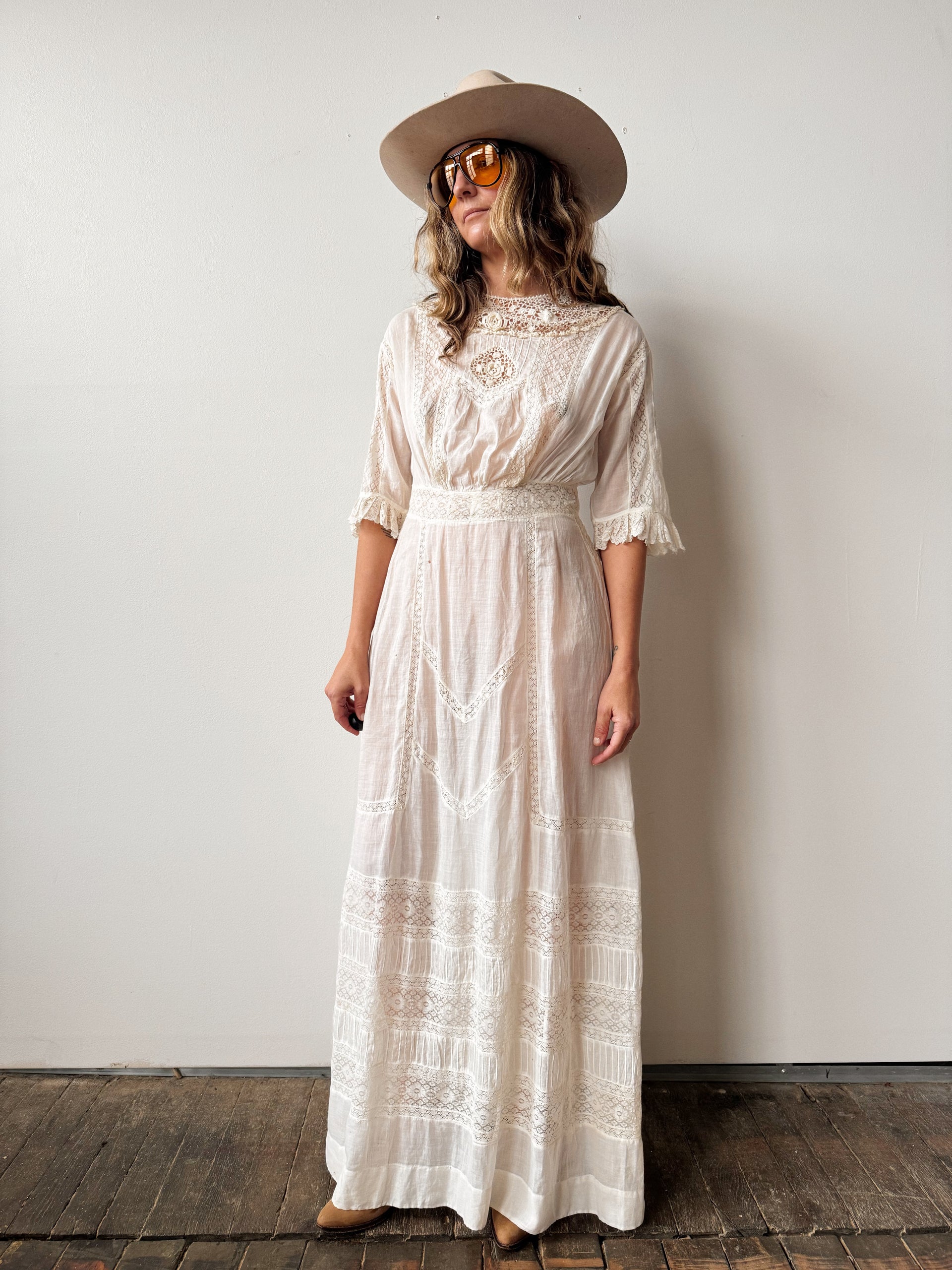 white edwardian dress Antique Lawn Dress, Cotton Gauze With Lace Insets Designed in L.A Cimelio Edwardian Dress | 1900s