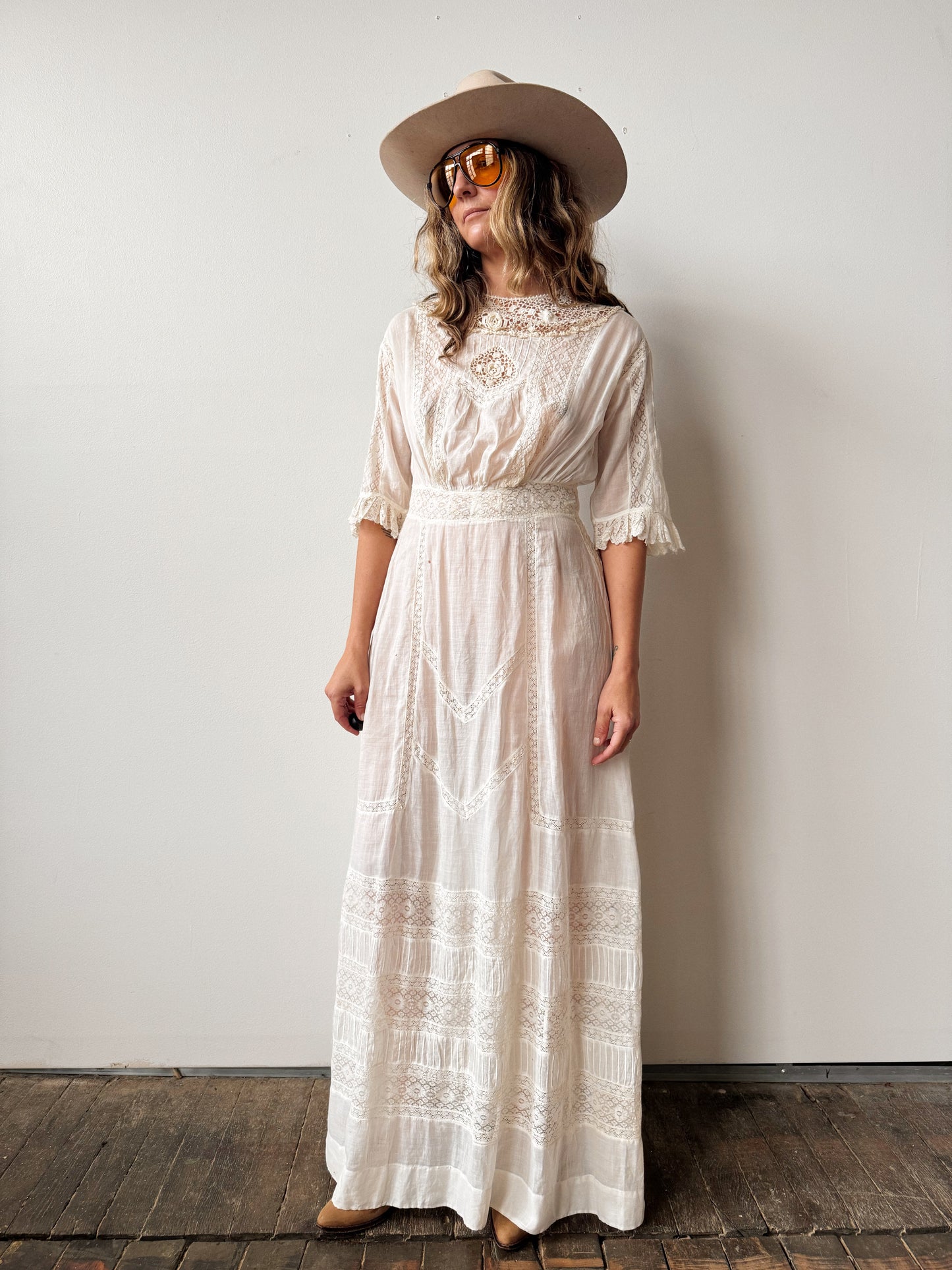 Antique Edwardian 1900s White Cotton Lace Dress (M)
