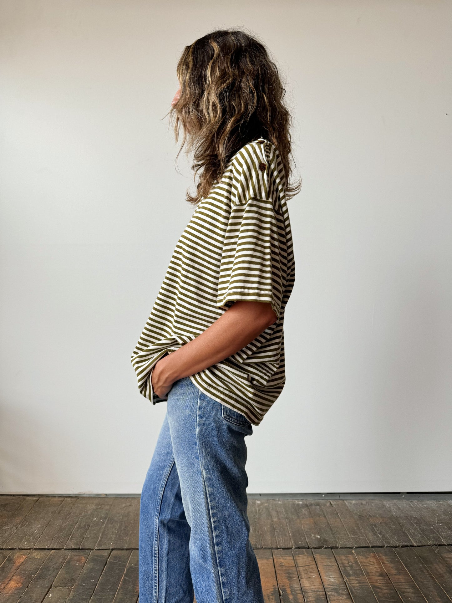 Khaki Stripe Box Tee with Button Sleeve