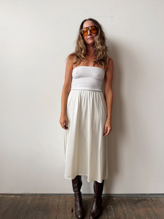 Cream Nylon Midi 70s Slip Skirt (M)
