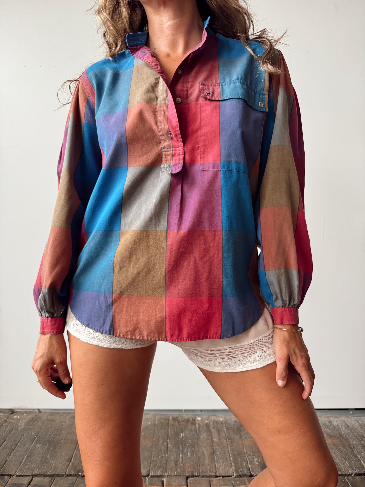 Mulitcolored Plaid Patchwork 90s Blouse (S)