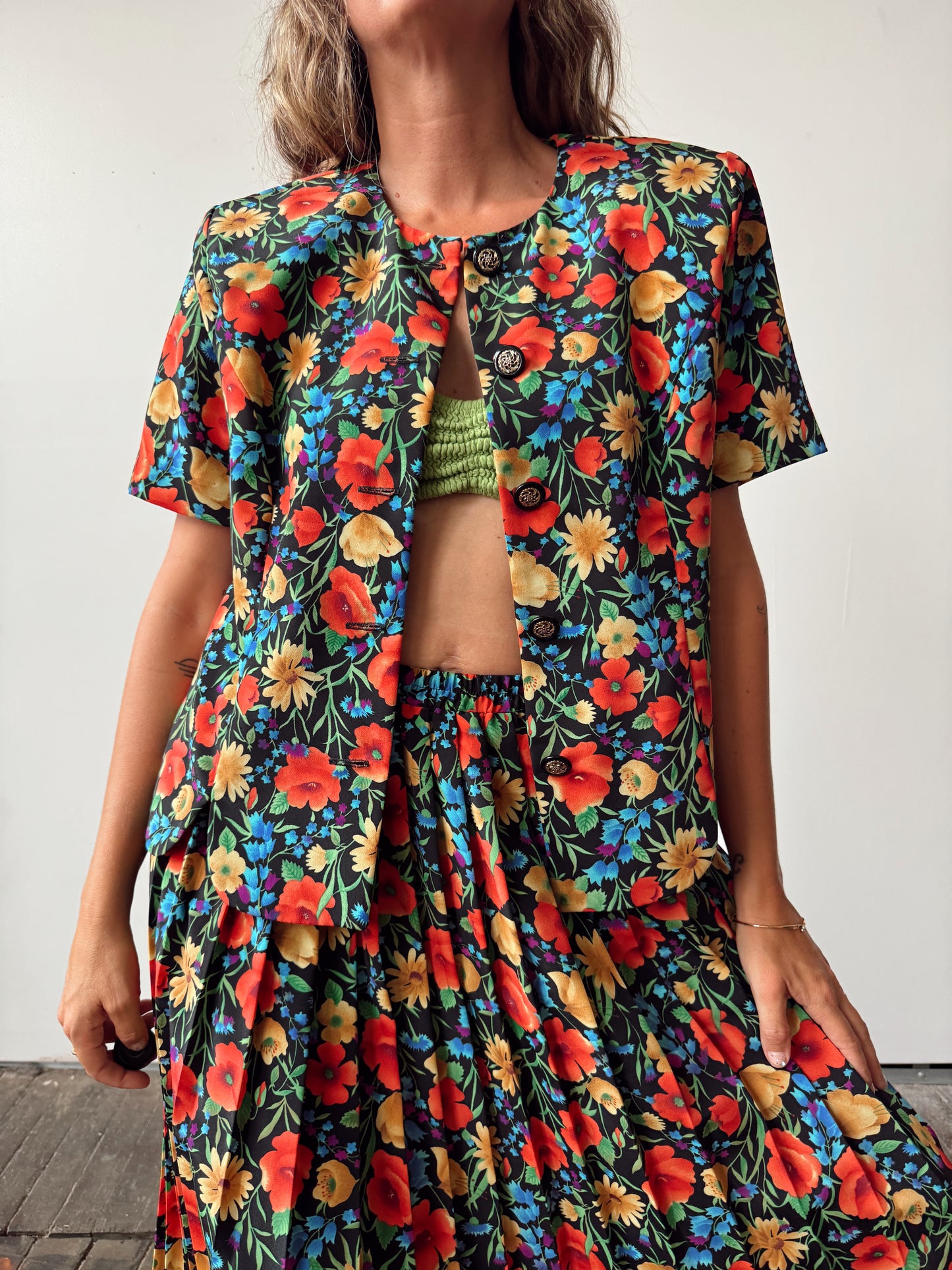 80s Floral Maxi Pleat Skirt Suit (M)