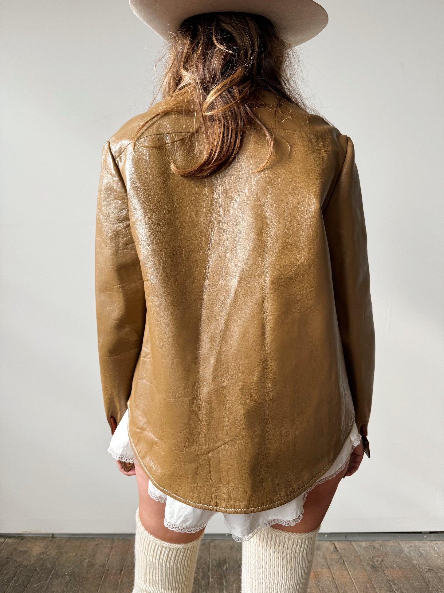 Camel Leather Snap Button Shirt (M)