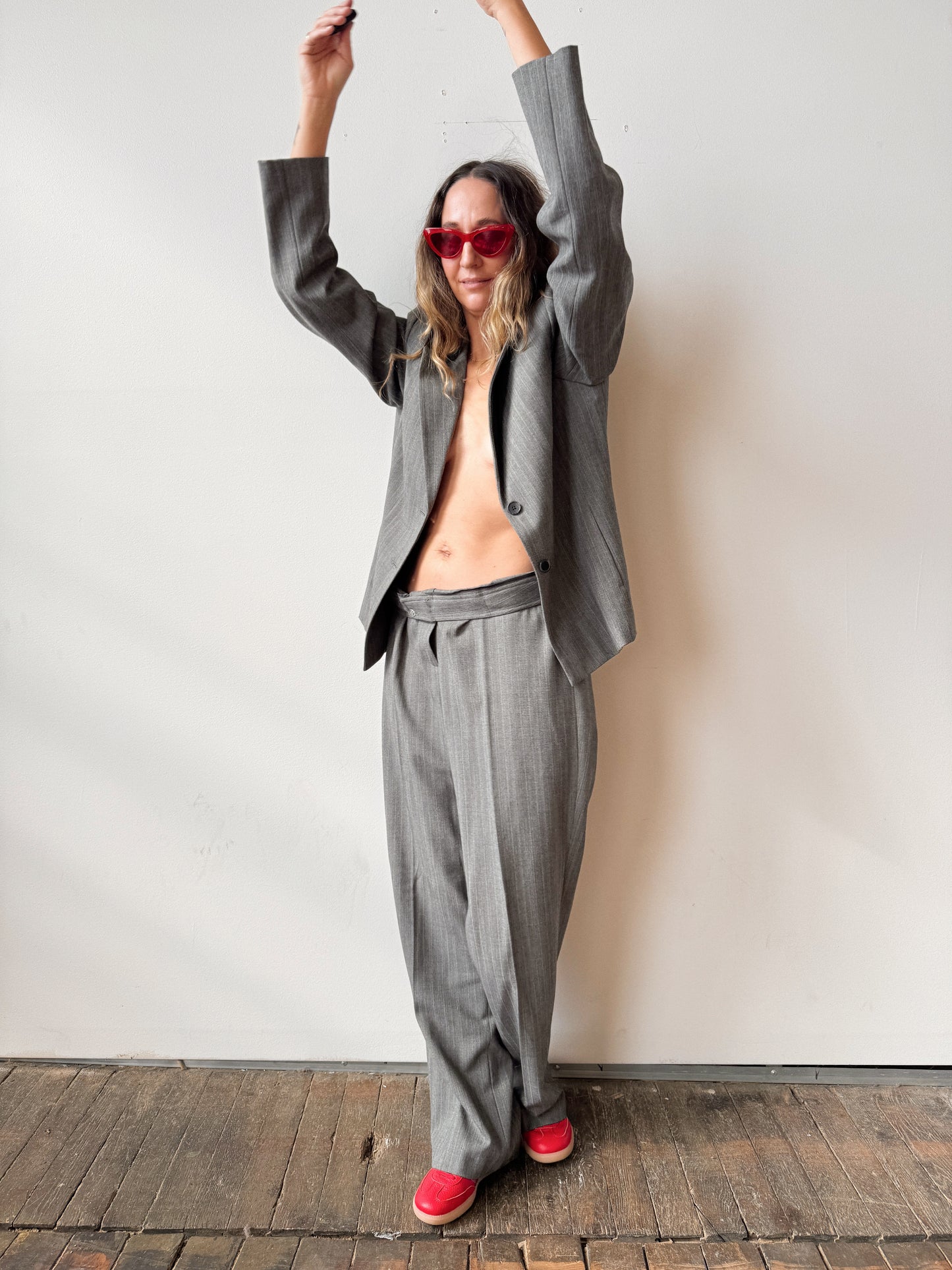 Grey Striped 90s Trouser Pant Suit (L)