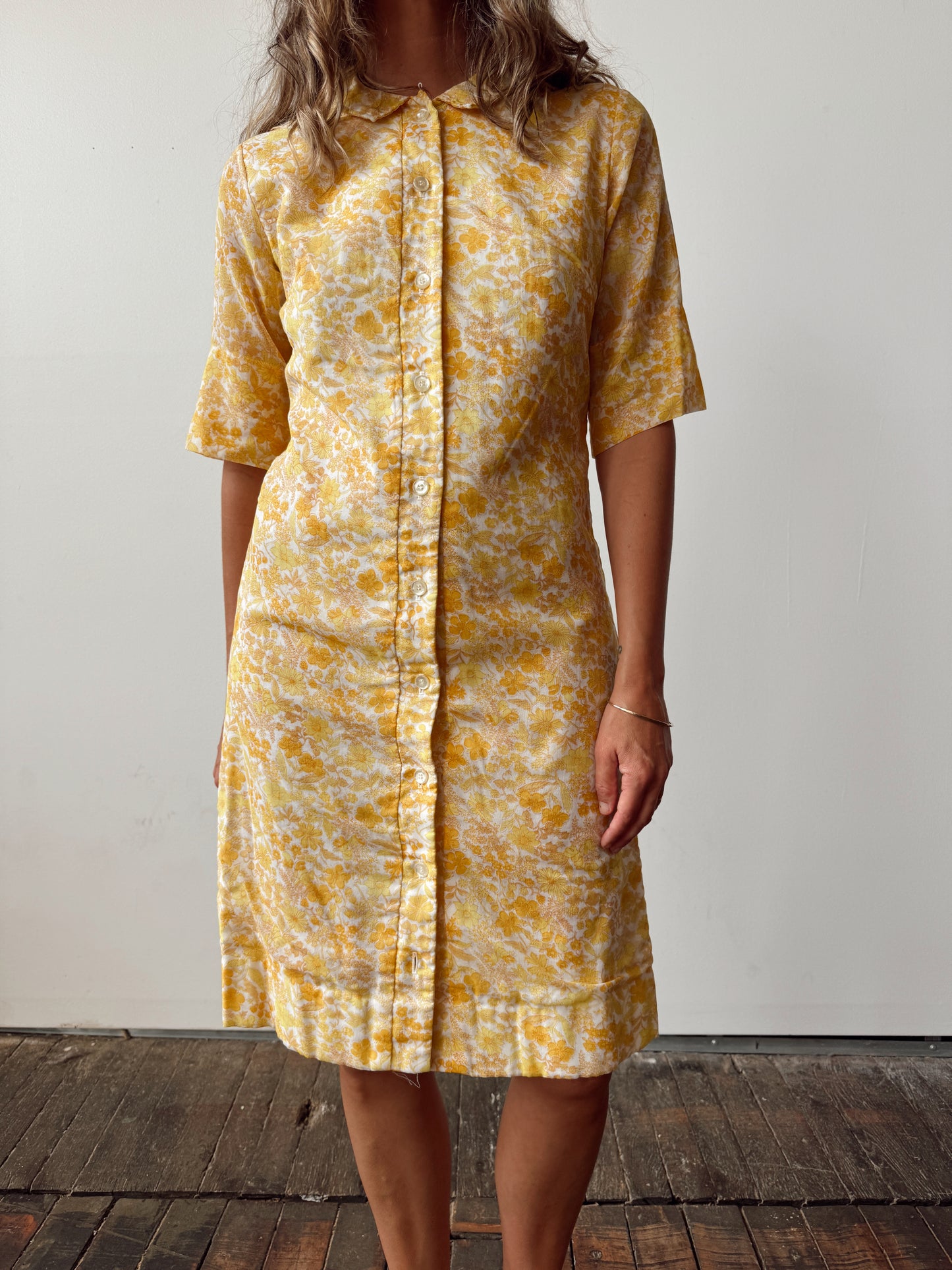 Country Miss 70s Yellow Floral Shirt Dress (M)