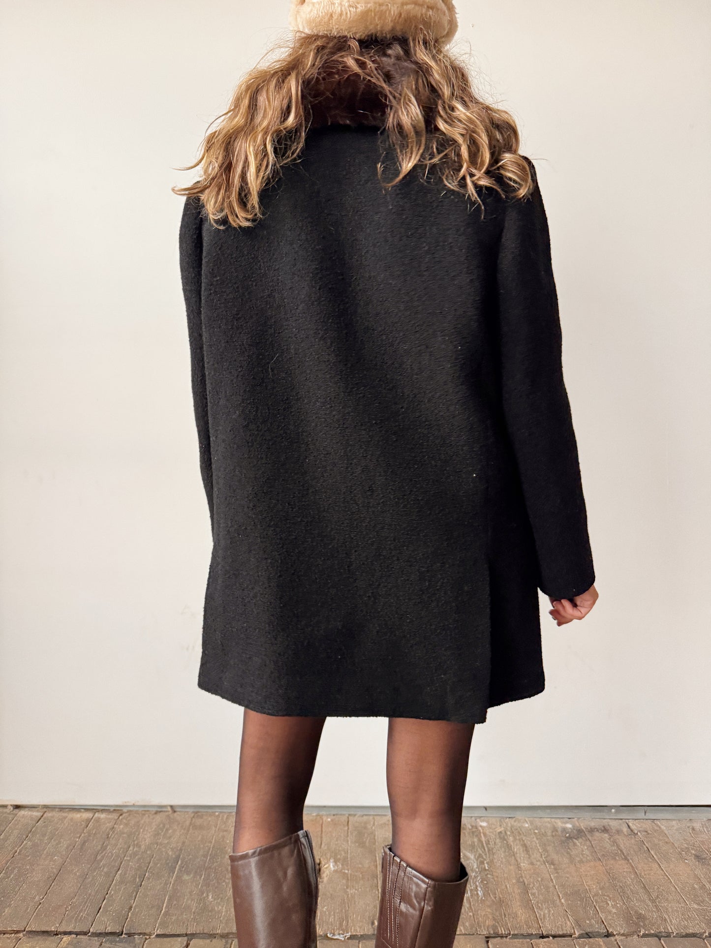 60s Wool Button Coat with Mink Fur Collar (S)