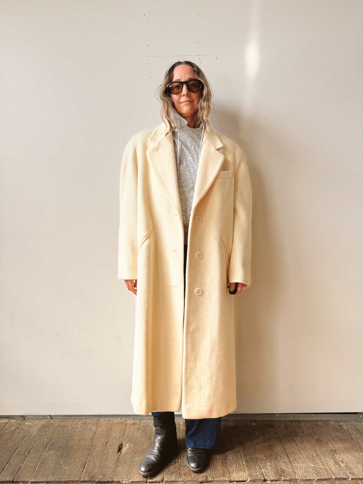 Wool 80s Ivory Longline Overcoat (L)