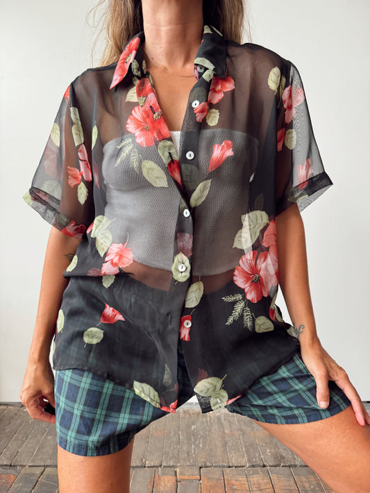 Sheer 90s Floral and Black Blouse (L)