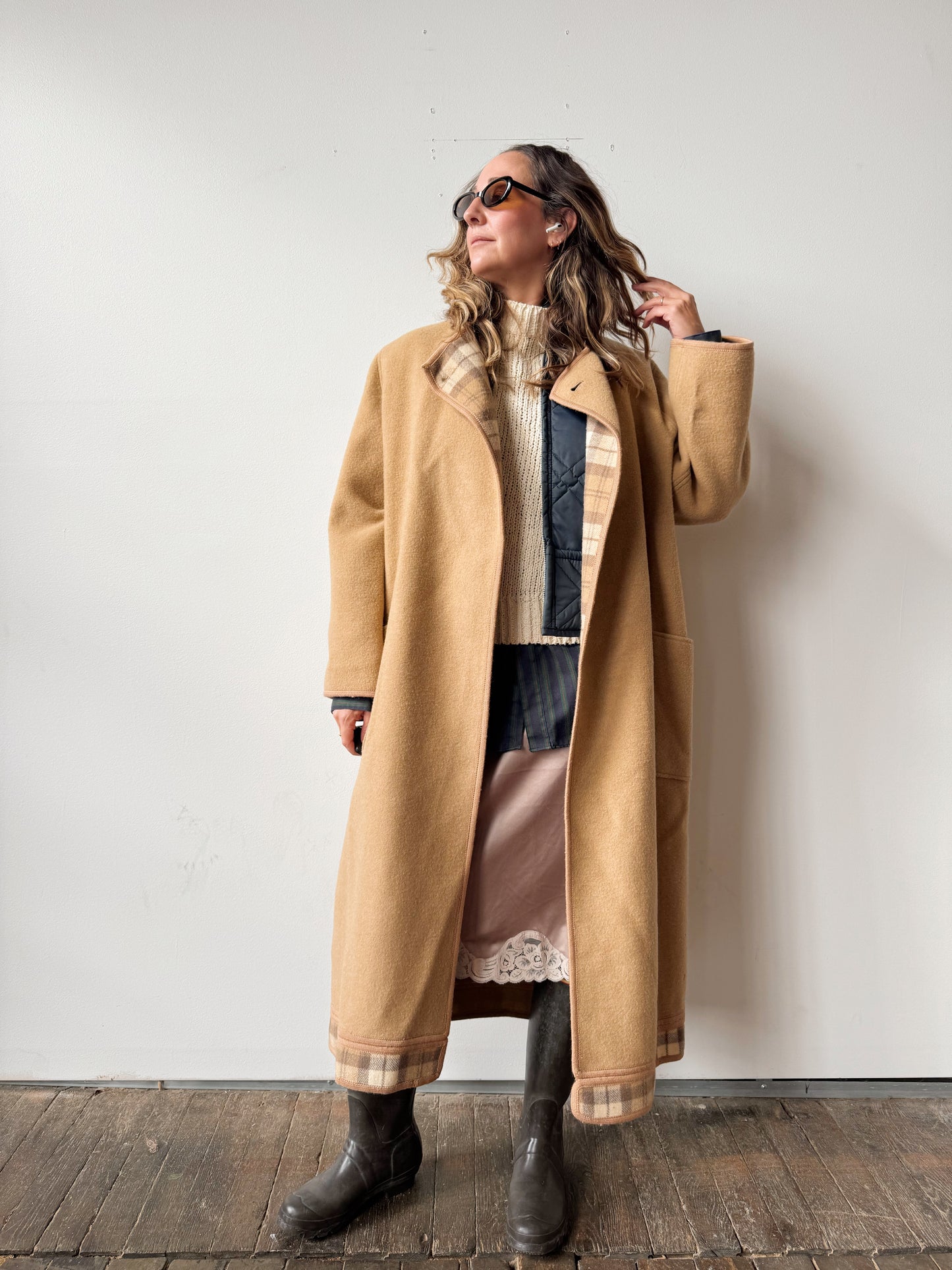 Camel Reversiable Plaid Wool 90s Coat (M)