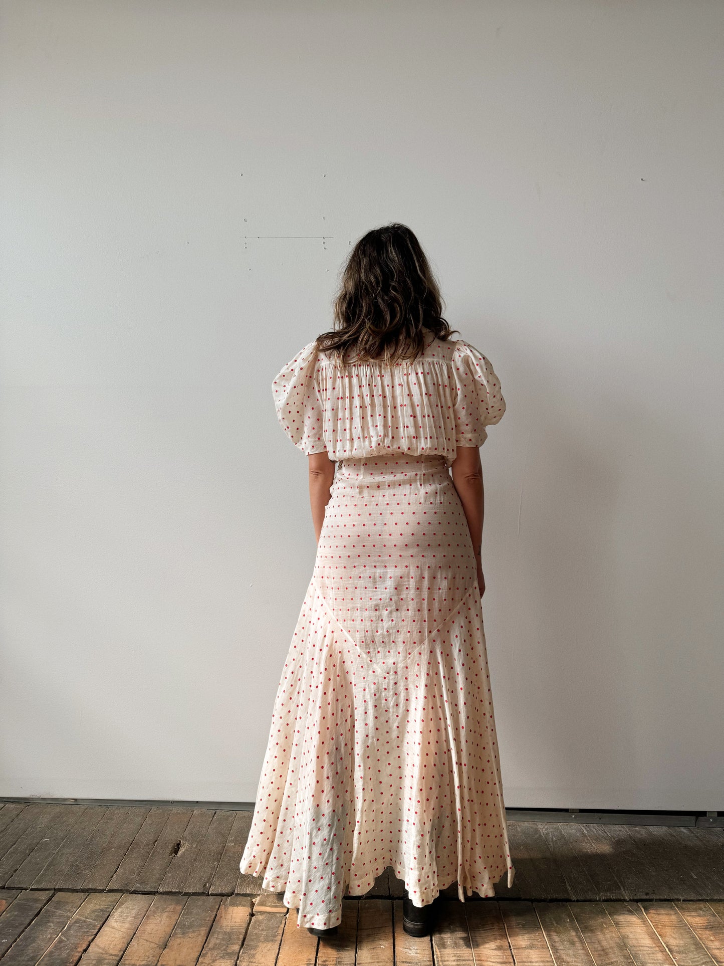 Early 1900s Cotton Voile Polka Dot Dress (S)