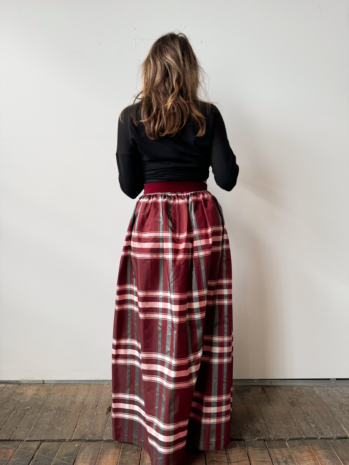 Bordeaux Taffeta 60s Maxi Skirt with Ribbon Tie (S)