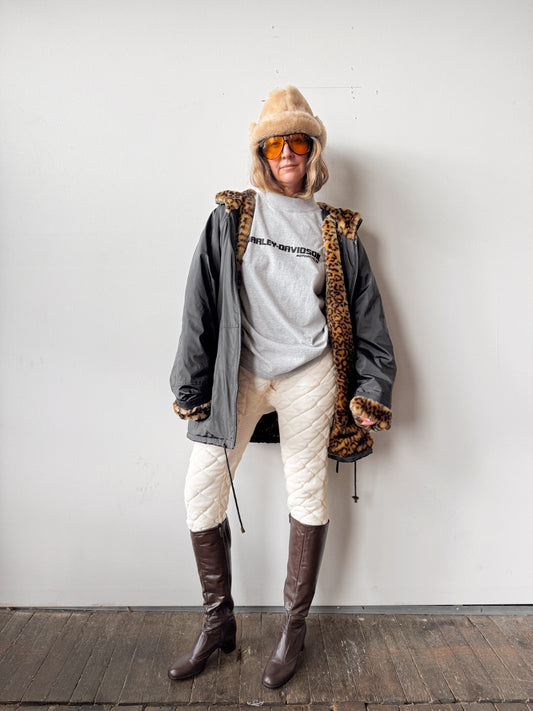 Leopard Faux Fur-Lined Parka Coat with Hood (L)