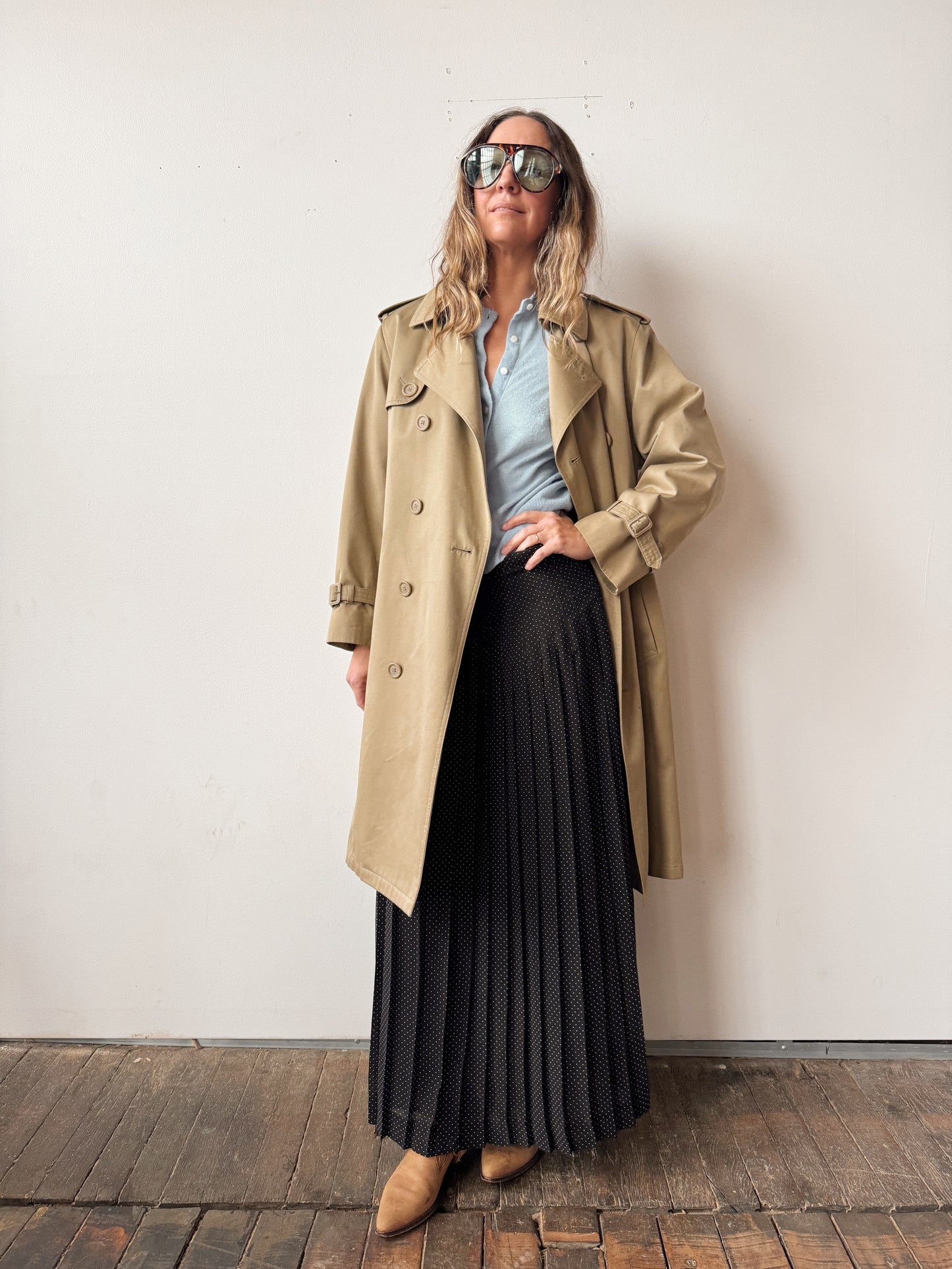 90 Quilted Lined Beige Double-Breasted Trench Coat (S)